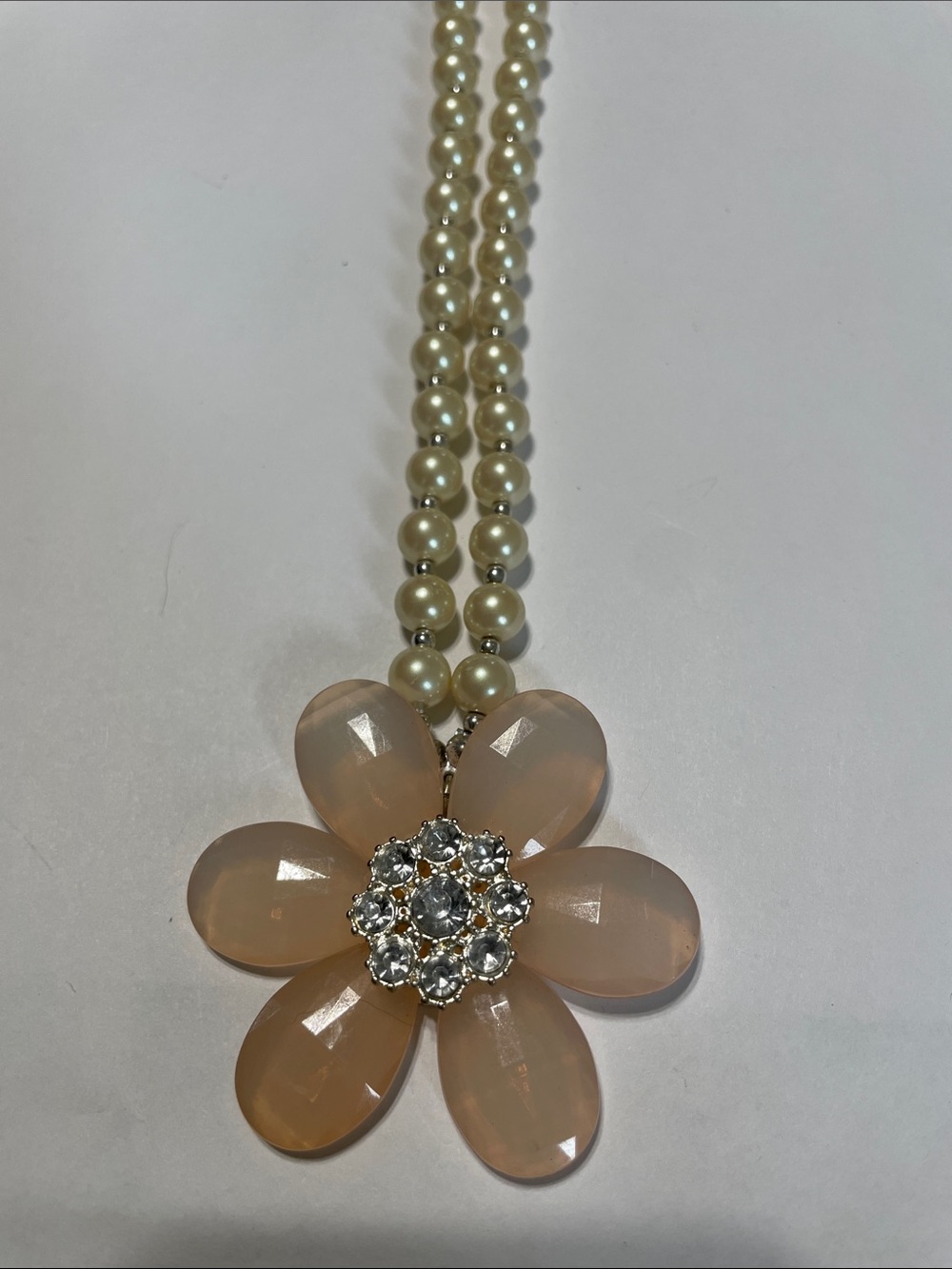 Summer- Pearl Strand Necklace with Peach Flower Pendant